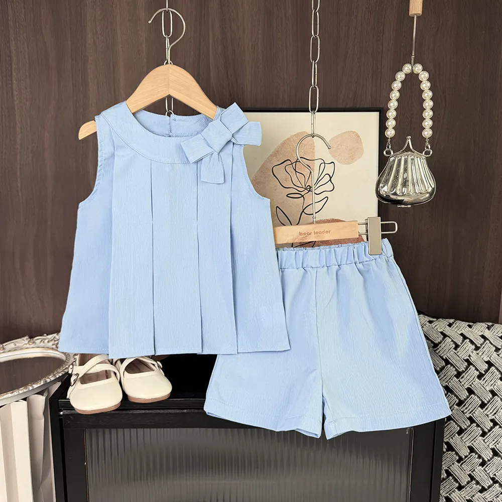【2Y-7Y】Girls Bow Pleated Sleeveless Top And Shorts 2-Piece Set