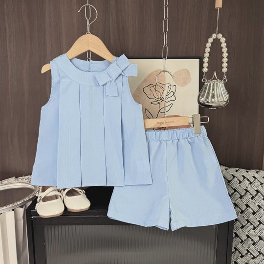 【2Y-7Y】Girls Bow Pleated Sleeveless Top And Shorts 2-Piece Set