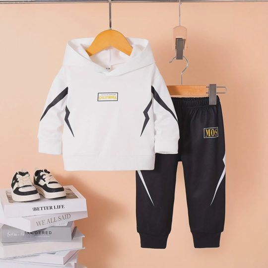 【6M-3Y】Boys Fleece Letter Print Hooded Long Sleeve Top & Pants Set