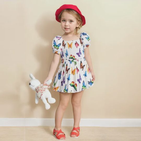 【1Y-8Y】Girls Sweet Fashion Butterfly Print White Bubble Sleeve Dress