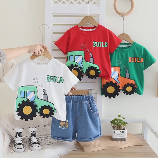 【12M-6Y】Boys' Trendy Cartoon Tractor Short-Sleeve Set