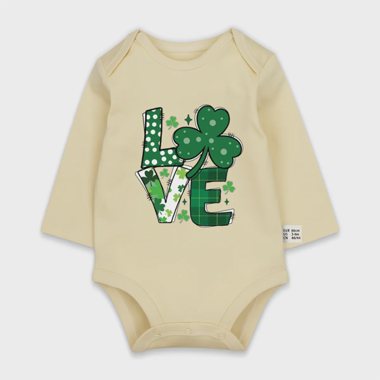 【0M-24M】St. Patrick's Day Love Clover Print Baby Long Sleeve Bodysuit
