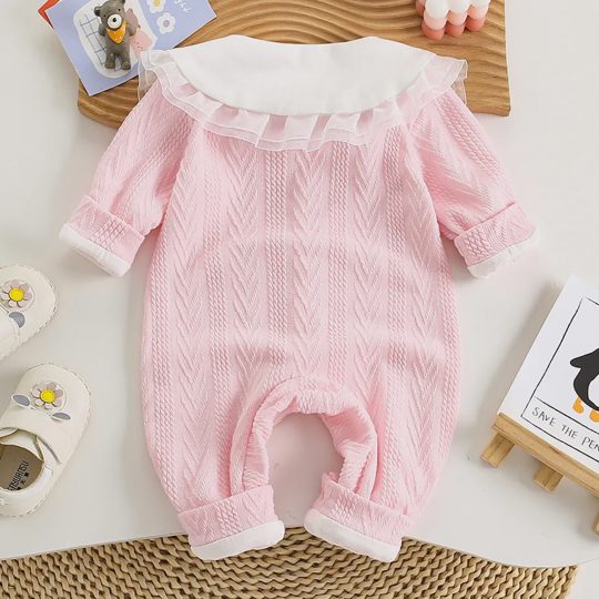 【3M-24M】Baby Girls Cute Floral Embroidery Lapel Pink Romper
