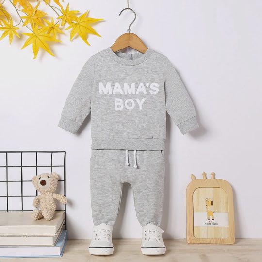 【3M-3Y】Boys' Crewneck Letter Print Top & Solid Pants Set