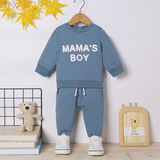 【3M-3Y】Boys' Crewneck Letter Print Top & Solid Pants Set