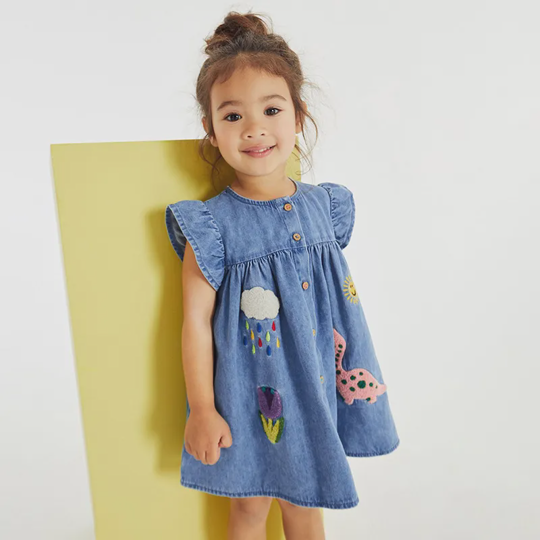 【18M-7Y】Girls' Cartoon Appliqué Fashion Short Sleeve Denim Dress