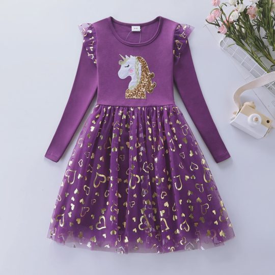 【3Y-8Y】Girls' Unicorn Sequin Long Sleeve Princess Dress