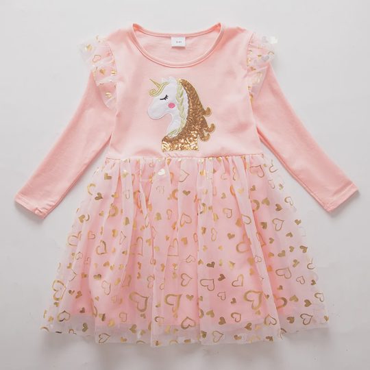 【3Y-8Y】Girls' Unicorn Sequin Long Sleeve Princess Dress
