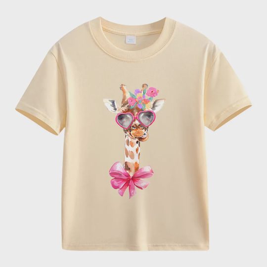 【2Y-13Y】Giraffe With Heart Sunglasses & Bow Kids' T-Shirt