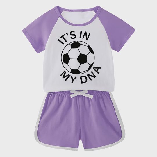 【18M-11Y】Toddler Soccer 'It's In My DNA' 2-Piece Outfit - Sporty Graphic Raglan Top & Shorts Set For Kids