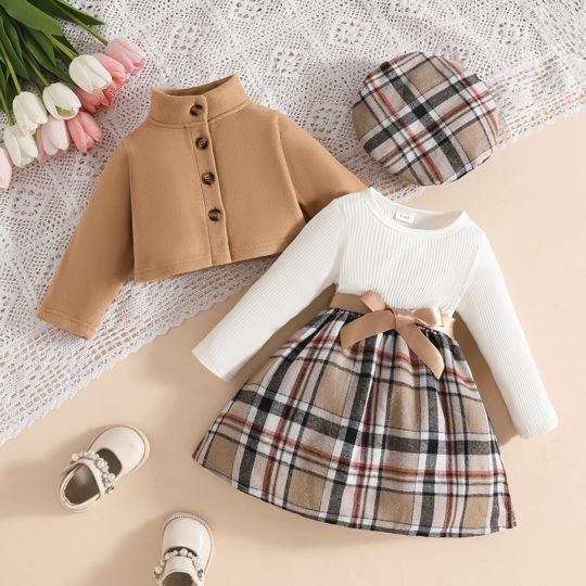 【6M-3Y】Girls' Long-Sleeve Stand-Collar Wool Coat + Plaid Ribbed Dress + Beret Set