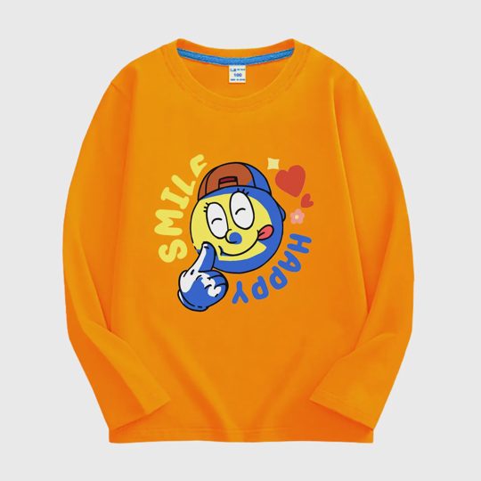 【18M-11Y】Adorable Long Sleeve T-Shirt With "SMILE, HAPPY" Design For Kids