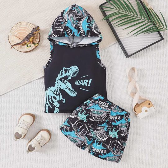 【18M-8Y】Boys' Sleeveless Cartoon Dinosaur Hooded Pullover + Shorts Set
