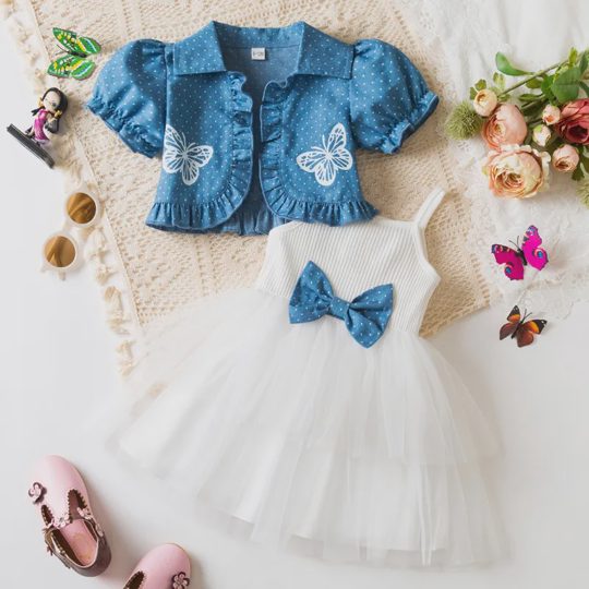 【9M-3Y】Girls' Butterfly Print Top + Strap Patchwork Tulle Dress 2-Piece Set