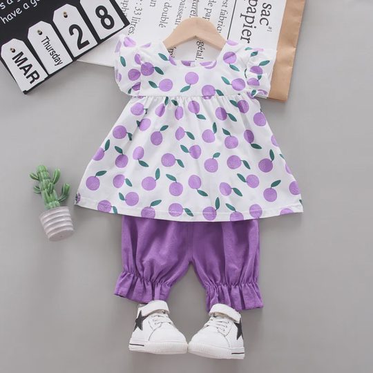 【12M-3Y】Girls' Adorable Orange Cartoon Print Outfit Set