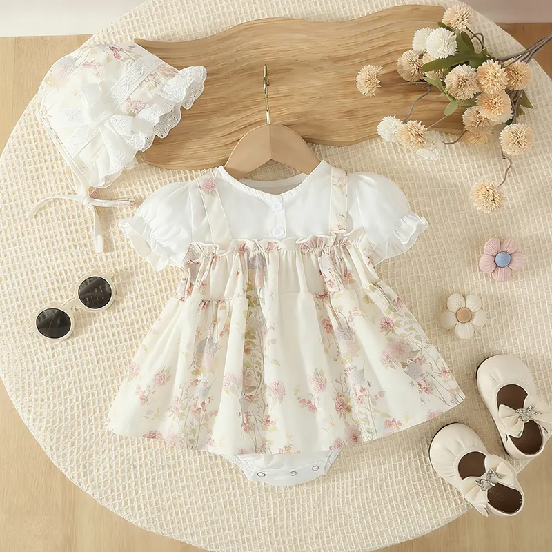【3M-24M】Girls Floral Suspender Dress And Romper 2-Piece Set