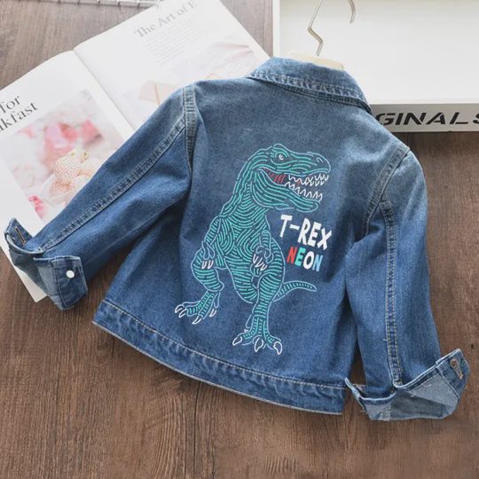 【18M-11Y】Boys Fashion Dinosaur And Letter Print Blue Denim Jacket - 3142