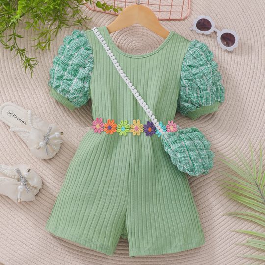 【2Y-7Y】Girls Floral Puff Sleeve Jumpsuit With Bag
