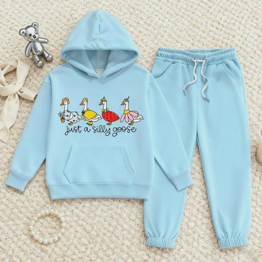 【2Y-13Y】Duck Print Hoodie And Jogger Set For Kids - "Just A Silly Goose" Design