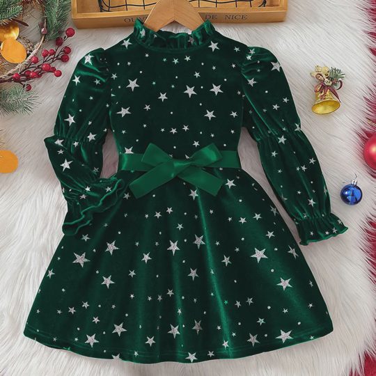 【3Y-7Y】Girls Sweet And Fashionable Silver Star Print Burgundy Velvet Party Dress