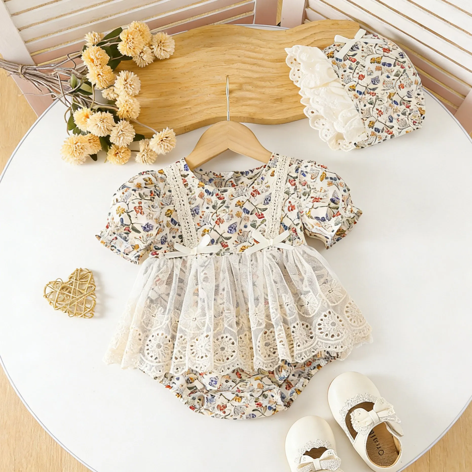 【3M-24M】Girls Floral Suspender Dress And Romper 2-Piece Set