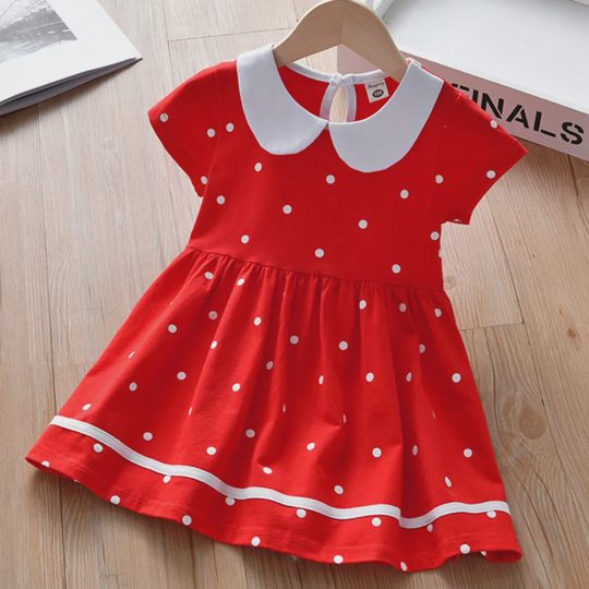【18M-8Y】Girls Red Polka Dot Lapel Short-sleeved Dress