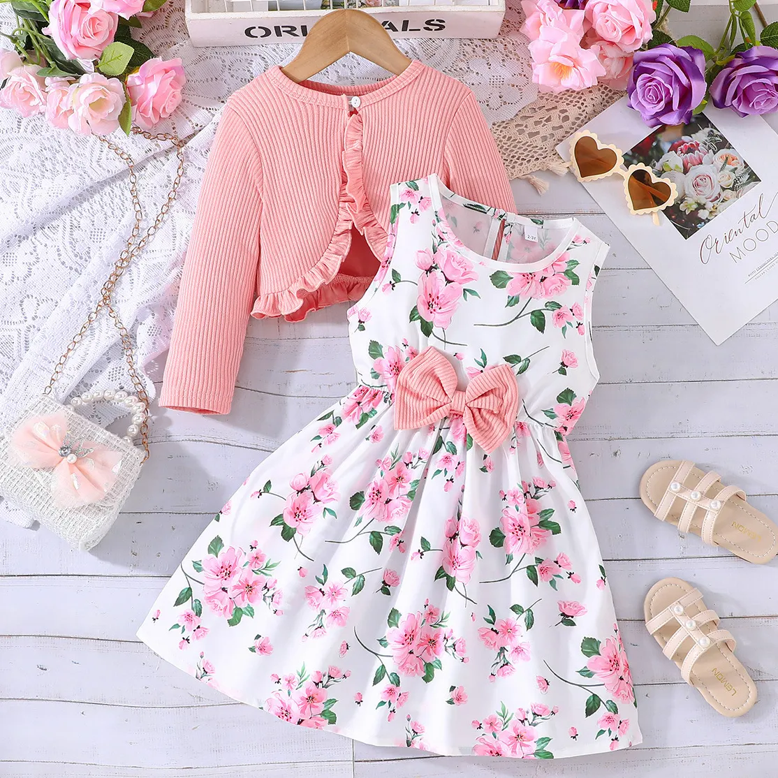 【2Y-8Y】2-piece Girls Elegant Floral Print Bowknot Sleeveless Dress And Ruffled Long Sleeve Top Jacket Set
