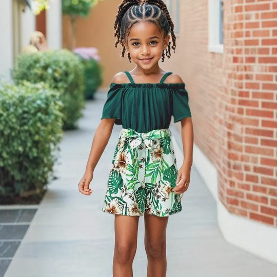 【1Y-8Y】2-piece Girls Green Floral Jumpsuit