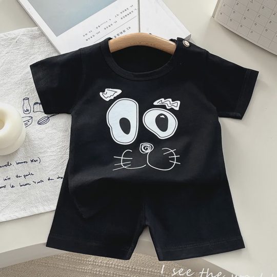【12M-8Y】2-piece Boys Casual Cotton Cartoon Print Multicolor Short Sleeve T-shirt And Shorts Set