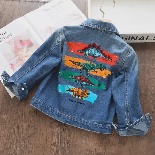 【18M-11Y】Boys Fashionable Dinosaur And Colorful Striped And Letter Printed Blue Denim Jacket