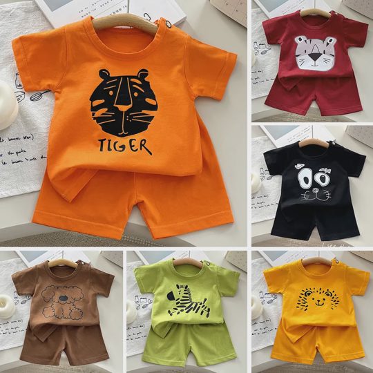 【12M-8Y】2-piece Boys Casual Cotton Cartoon Print Multicolor Short Sleeve T-shirt And Shorts Set