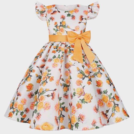 【2Y-10Y】Girls Elegant Flower Print Bow Princess Dress