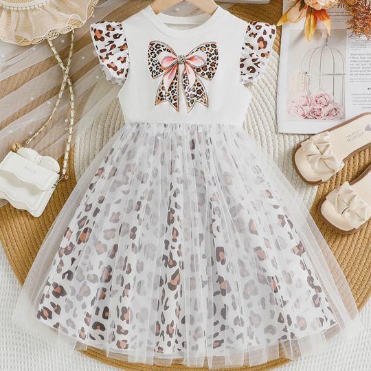 【3Y-10Y】Girls' Flutter Sleeve Leopard Print Bow Tulle Puffy Princess Dress