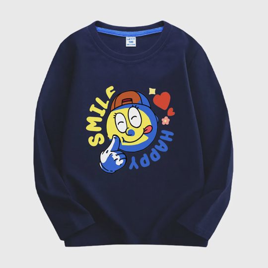 【18M-11Y】Adorable Long Sleeve T-Shirt With "SMILE, HAPPY" Design For Kids