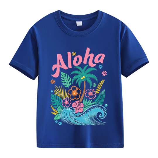 【2Y-13Y】Kids' “Aloha” Fresh Tropical & Hawaiian Style Cartoon Print T-Shirt