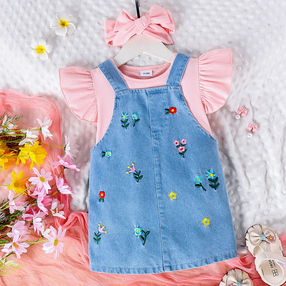 【9M-3Y】3-piece Baby Girl Sweet Pink Ruffle Top And Floral Embroidered Denim Strap Skirt Set With Hairband