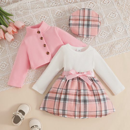 【6M-3Y】Girls' Long-Sleeve Stand-Collar Wool Coat + Plaid Ribbed Dress + Beret Set