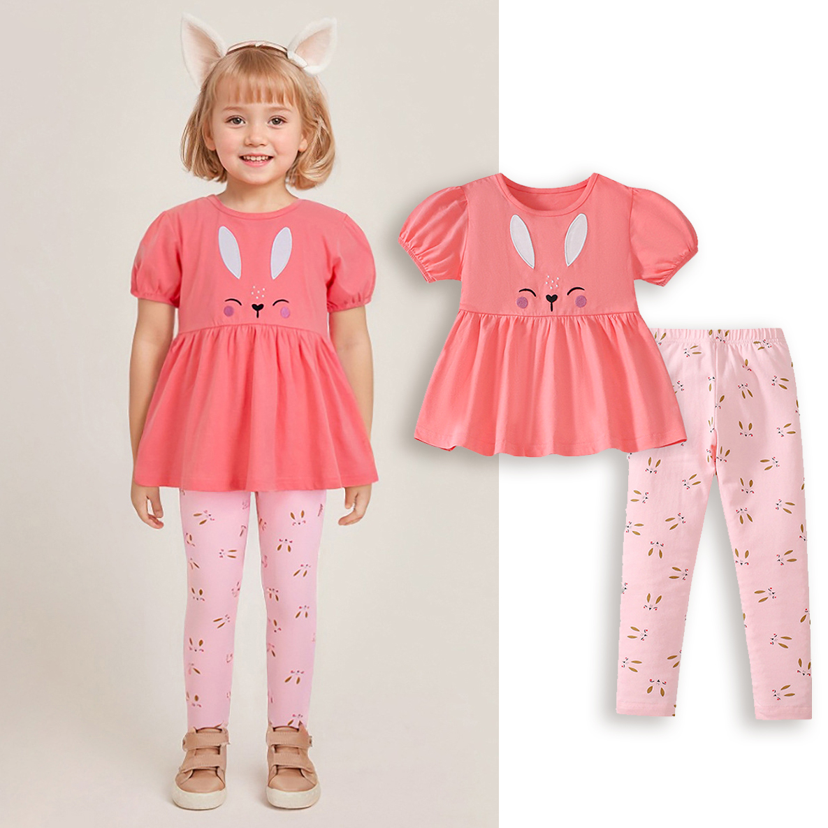 【1Y-7Y】2-piece Girls Cute Bunny Embroidered Orange-Pink T-shirt And Pink Leggings Set