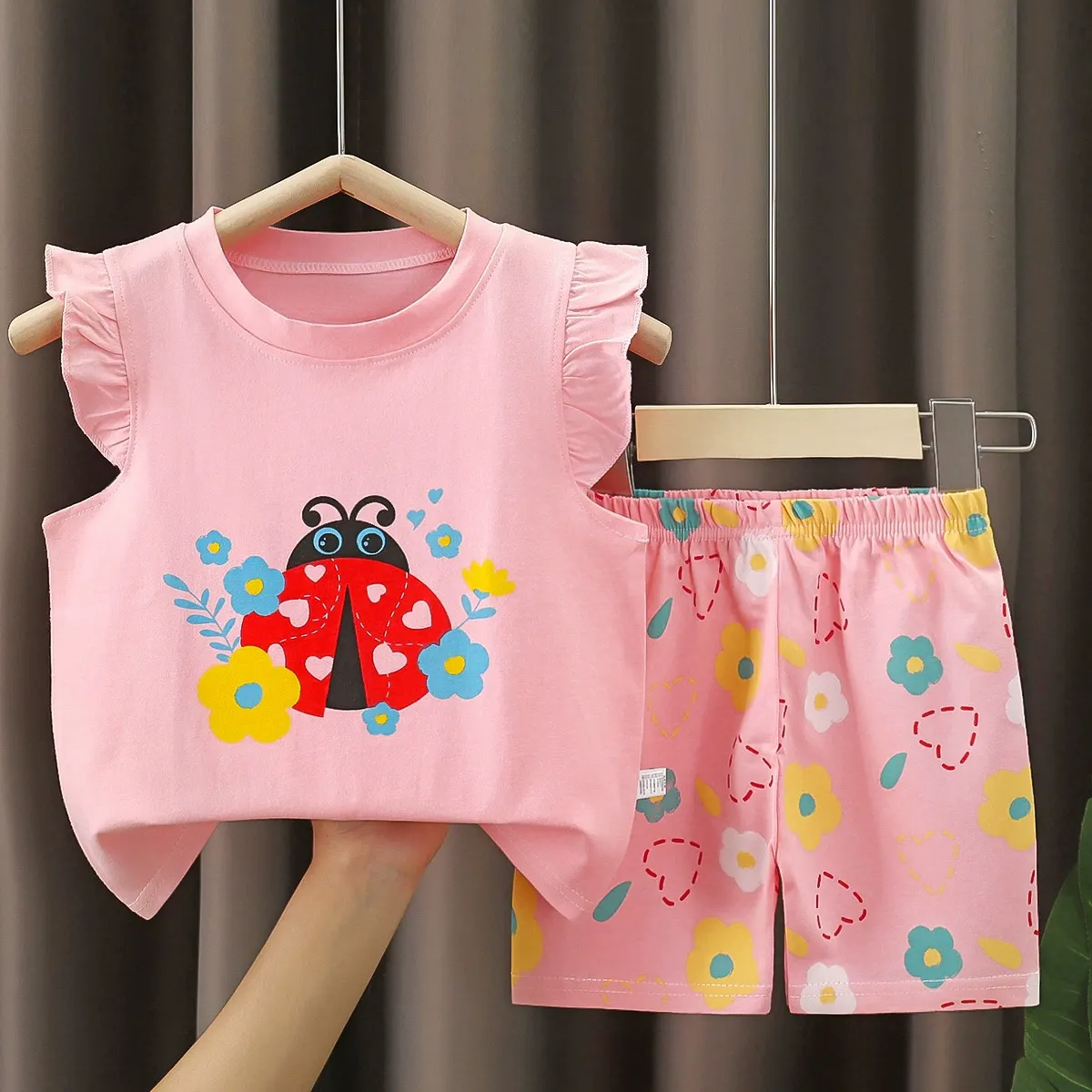 【6M-6Y】Girls' Fun Print Flutter Sleeve Short-Sleeve Top & Shorts Set