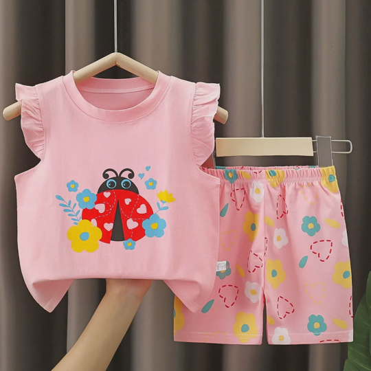 【6M-6Y】Girls' Fun Print Flutter Sleeve Short-Sleeve Top & Shorts Set
