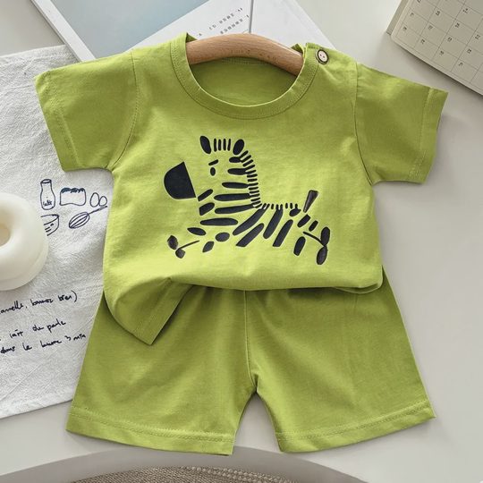 【12M-8Y】2-piece Boys Casual Cotton Cartoon Print Multicolor Short Sleeve T-shirt And Shorts Set