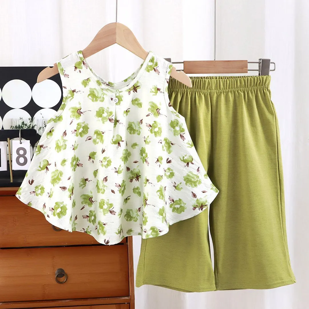 【18M-11Y】2-piece Girls Butterfly Floral Vest And Pants Set