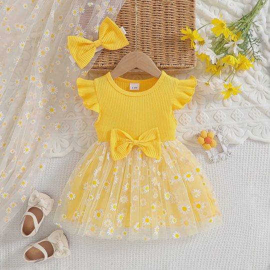 【6M-3Y】Girls' Tulle Dress With Daisy Print & Bow