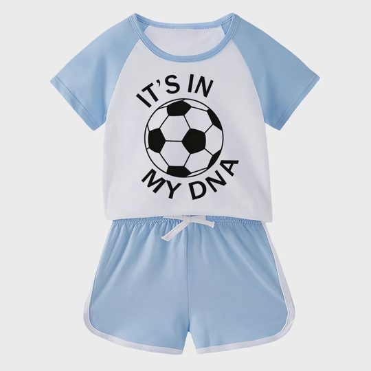 【18M-11Y】Toddler Soccer 'It's In My DNA' 2-Piece Outfit - Sporty Graphic Raglan Top & Shorts Set For Kids