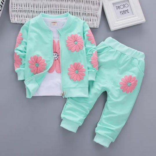 【12M-7Y】3-piece Girls Floral Print T-Shirt And Jacket And Pants Set - 34207