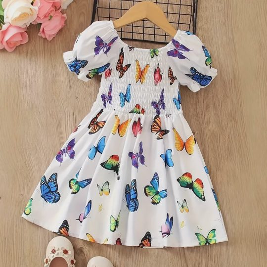【1Y-8Y】Girls Sweet Fashion Butterfly Print White Bubble Sleeve Dress