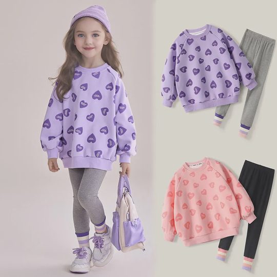 【18M-8Y】2-piece Girls Casual Cotton Heart Print Round Neck Sweatshirt And Leggings Set - 34777