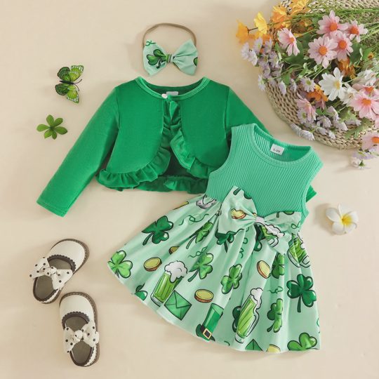 【3M-3Y】Girls' St. Patrick's Day Long-Sleeve Cardigan + Sleeveless Dress Set