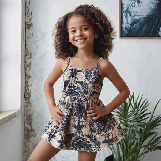 【18M-7Y】Girls' Fashion Cut-Out Waist Vintage Casual Print Dress