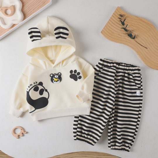 【12M-4Y】Unisex Cute Panda Hoodie And Striped Pants Set